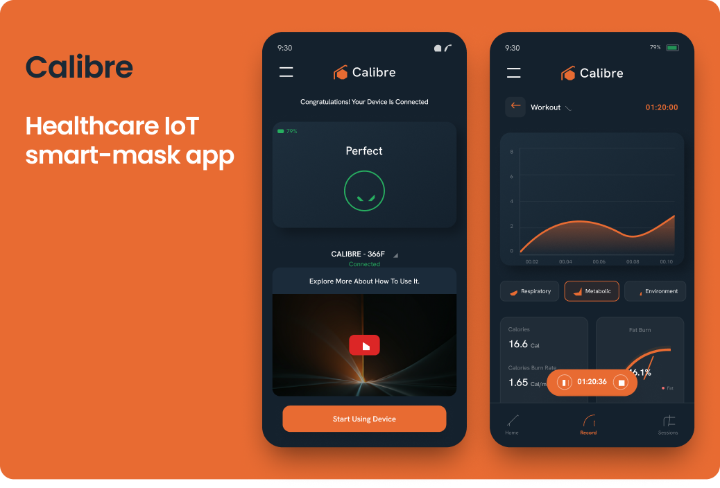 Calibre healthcare IoT smart-mask mobile application screens